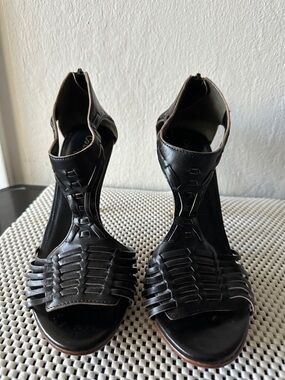Cole Haan Black Leather Woven T-Strap Heels